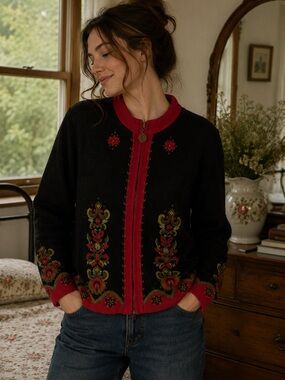 Icelandic Design Embroidered Wool Mohair Zip Jacket Boho Nordic M Lined Vintage